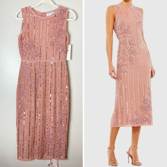NWT MAC DUGGAL DRESS 4 PINK FLORAL BEADED SEQUIN EMBELLISHED STRIPED MIDI ROSE - Picture 1 of 16